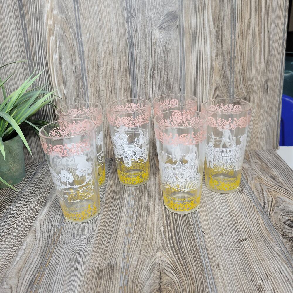 Vintage Hazel Atlas Americana Tumblers Pink Yellow White Drinking Glasses Set
